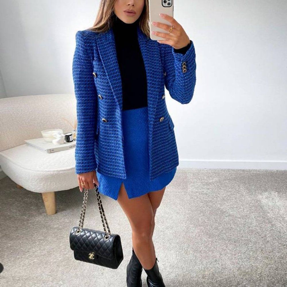 Zara Royal Blue Textured Double-Breasted Blazer - Picture 3 of 16